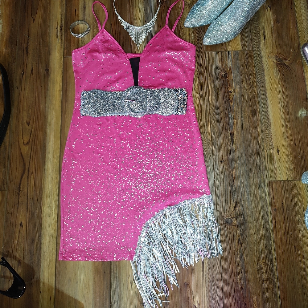 Women's Pink And Silver Fringe Dress